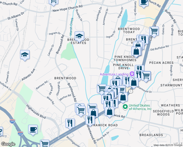 map of restaurants, bars, coffee shops, grocery stores, and more near 3600 Woodlea Drive in Raleigh