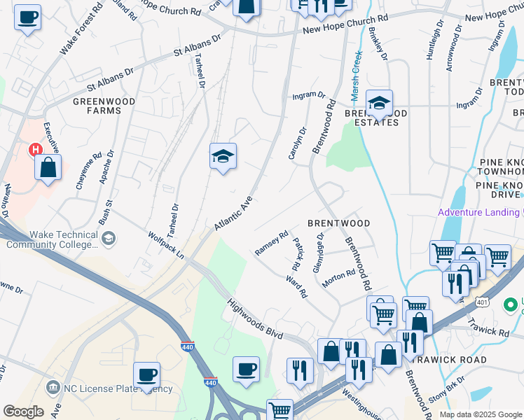 map of restaurants, bars, coffee shops, grocery stores, and more near 3108 Merrill Court in Raleigh