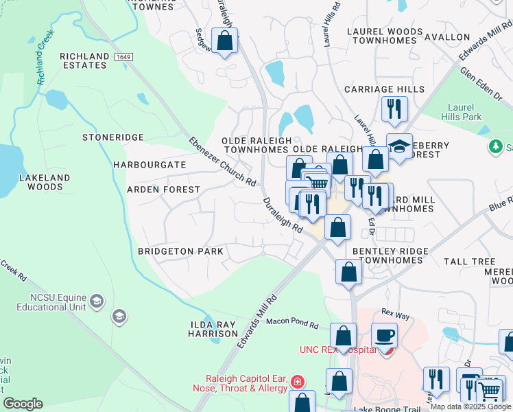 map of restaurants, bars, coffee shops, grocery stores, and more near 3618 Mill Run in Raleigh
