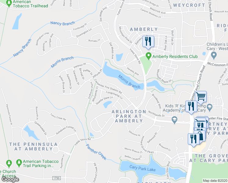 map of restaurants, bars, coffee shops, grocery stores, and more near 312 Longchamp Lane in Cary
