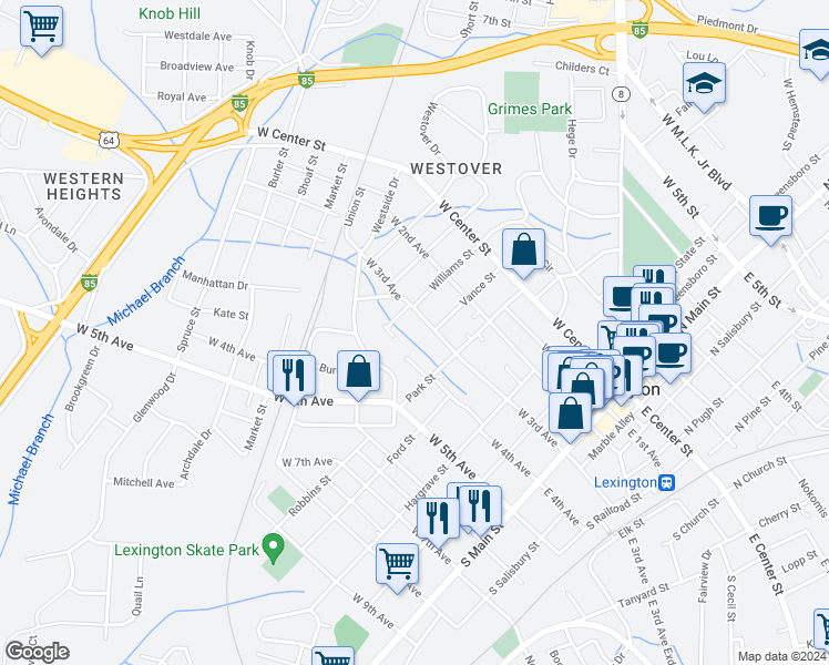 map of restaurants, bars, coffee shops, grocery stores, and more near 303 Rosemary Drive in Lexington