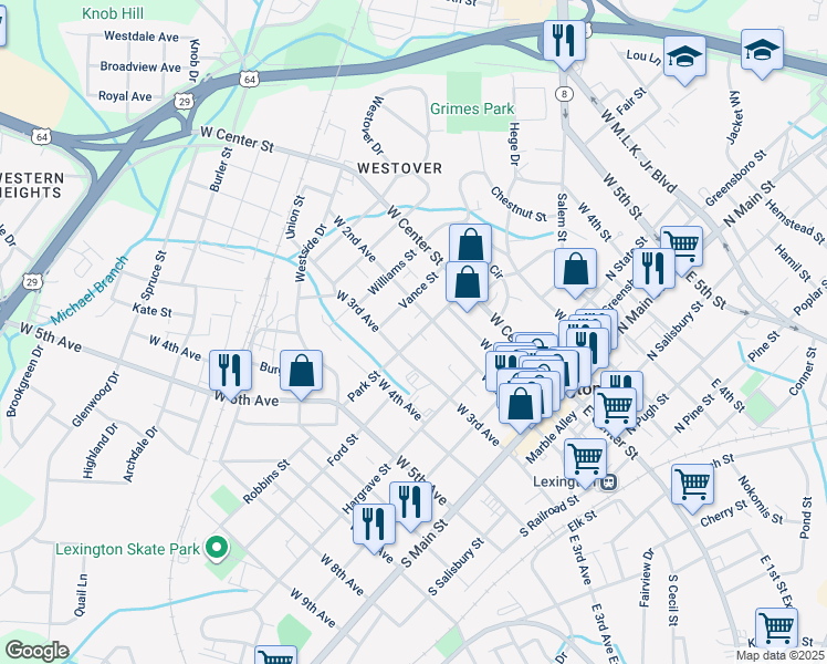 map of restaurants, bars, coffee shops, grocery stores, and more near 206 Park Street in Lexington