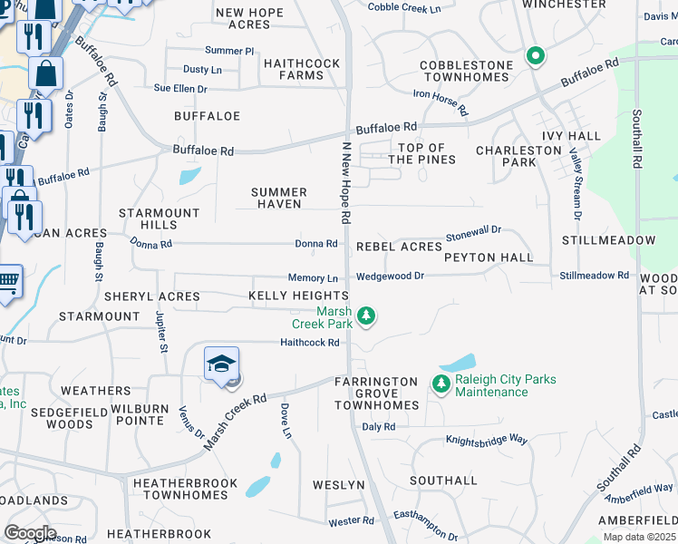 map of restaurants, bars, coffee shops, grocery stores, and more near 3301 North New Hope Road in Raleigh