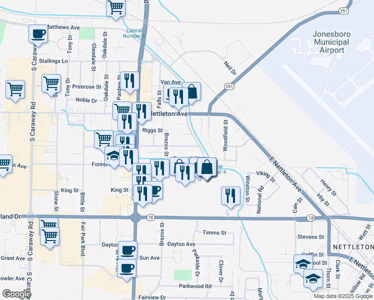 map of restaurants, bars, coffee shops, grocery stores, and more near 3303 Kingsbury Street in Jonesboro