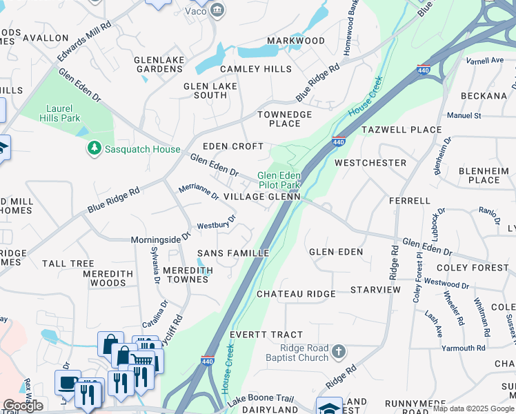 map of restaurants, bars, coffee shops, grocery stores, and more near 1601 Village Glenn Drive in Raleigh