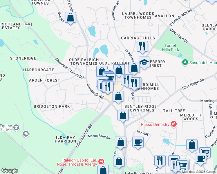map of restaurants, bars, coffee shops, grocery stores, and more near 3121 Edwards Mill Road in Raleigh