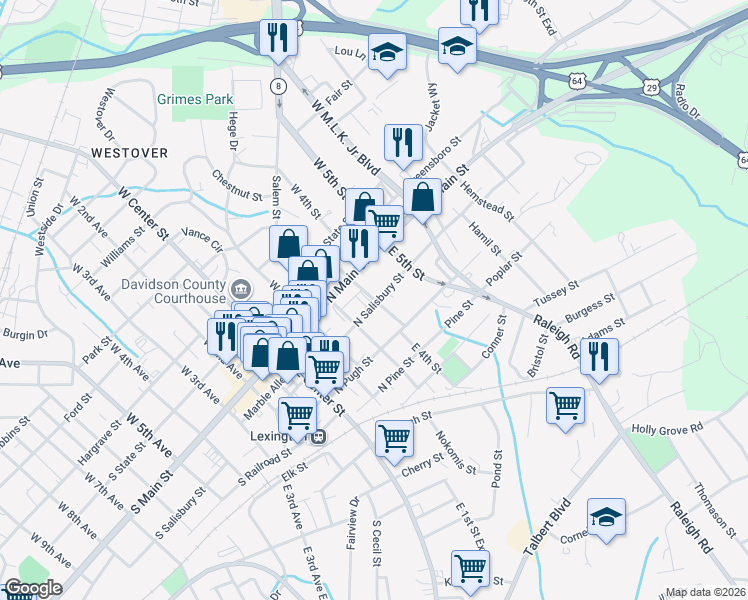 map of restaurants, bars, coffee shops, grocery stores, and more near 401 North Salisbury Street in Lexington