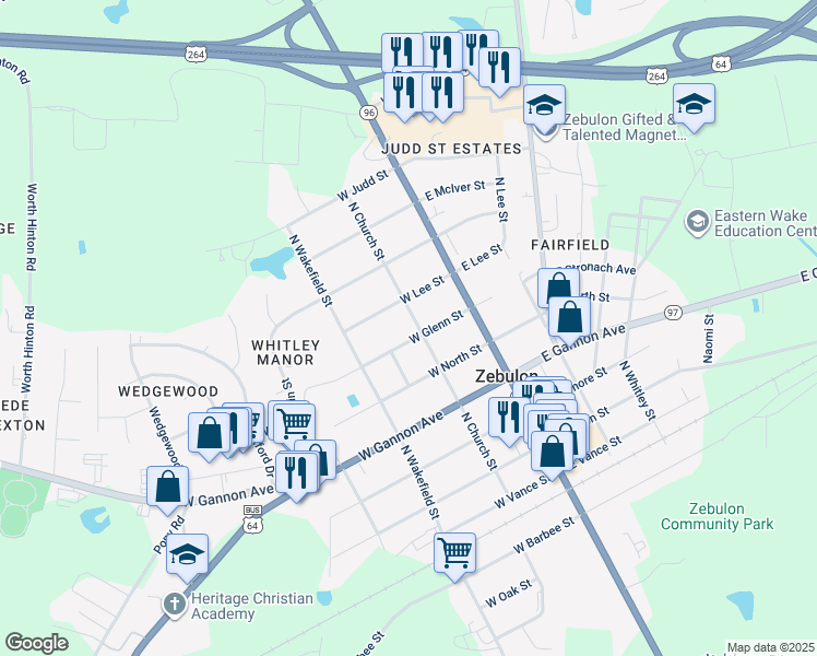 map of restaurants, bars, coffee shops, grocery stores, and more near 607 North Church Street in Zebulon