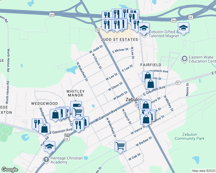 map of restaurants, bars, coffee shops, grocery stores, and more near 607 North Church Street in Zebulon