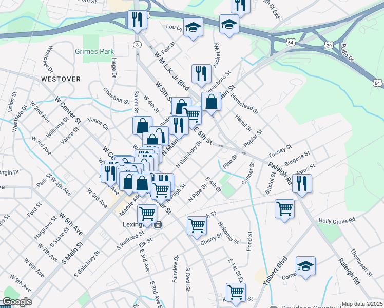 map of restaurants, bars, coffee shops, grocery stores, and more near 401 North Salisbury Street in Lexington