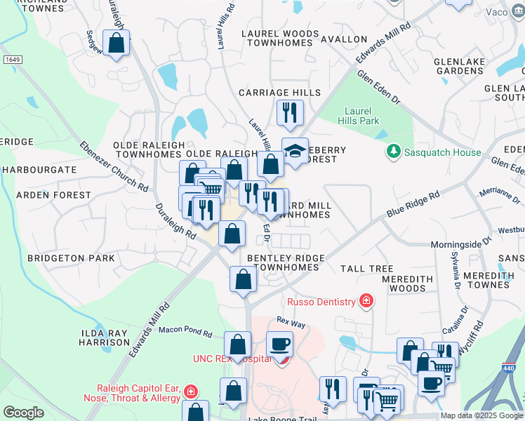 map of restaurants, bars, coffee shops, grocery stores, and more near 4128 Earl Grey Court in Raleigh