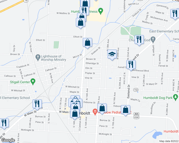 map of restaurants, bars, coffee shops, grocery stores, and more near 1603 Poplar Street in Humboldt