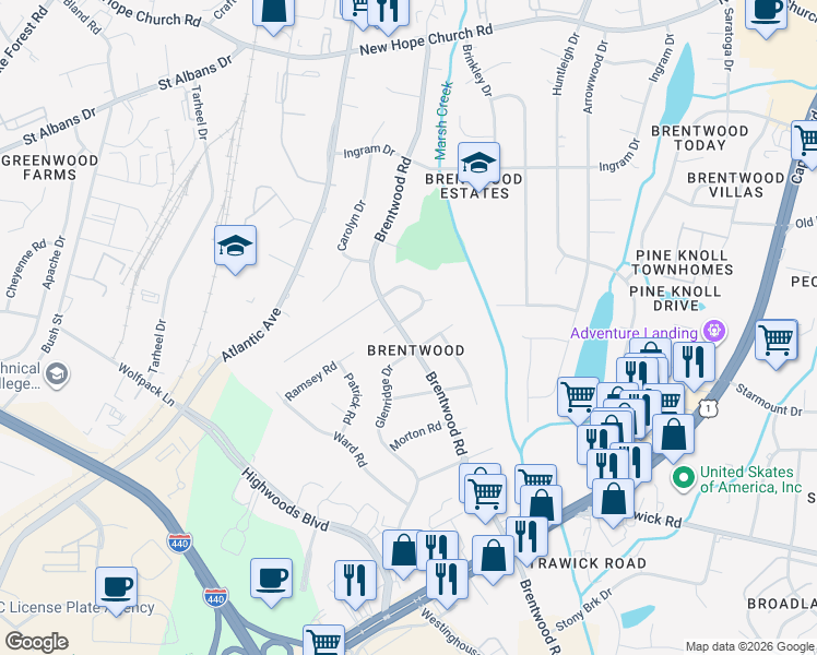 map of restaurants, bars, coffee shops, grocery stores, and more near 3310 Brentwood Road in Raleigh