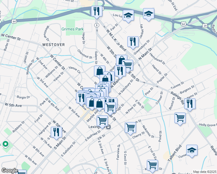 map of restaurants, bars, coffee shops, grocery stores, and more near 222 North Main Street in Lexington