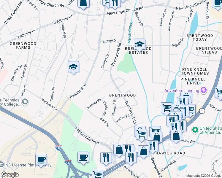 map of restaurants, bars, coffee shops, grocery stores, and more near 3205 Barker Place in Raleigh