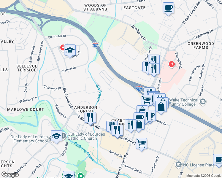 map of restaurants, bars, coffee shops, grocery stores, and more near 910 Wake Towne Drive in Raleigh
