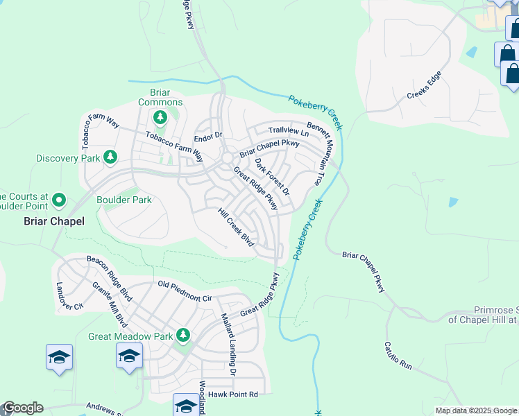 map of restaurants, bars, coffee shops, grocery stores, and more near 1502 Great Ridge Parkway in Chapel Hill