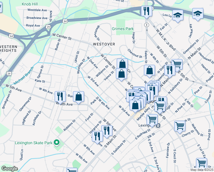 map of restaurants, bars, coffee shops, grocery stores, and more near 206 Park Street in Lexington