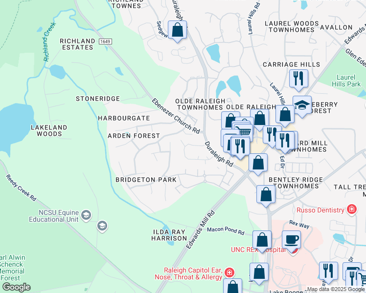 map of restaurants, bars, coffee shops, grocery stores, and more near 3449 Mill Run in Raleigh