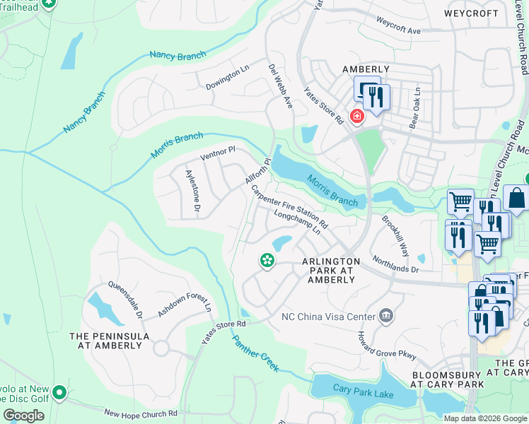 map of restaurants, bars, coffee shops, grocery stores, and more near 1802 Affirmed Way in Cary
