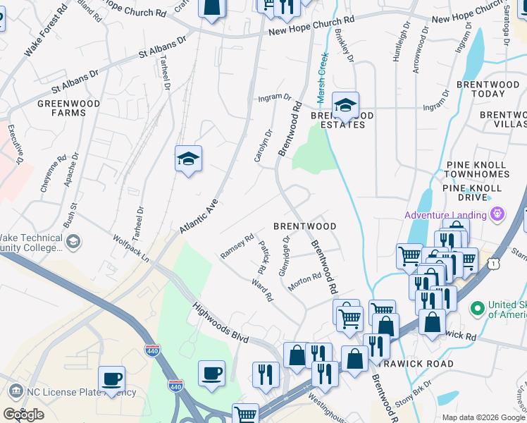 map of restaurants, bars, coffee shops, grocery stores, and more near 3205 Barker Place in Raleigh