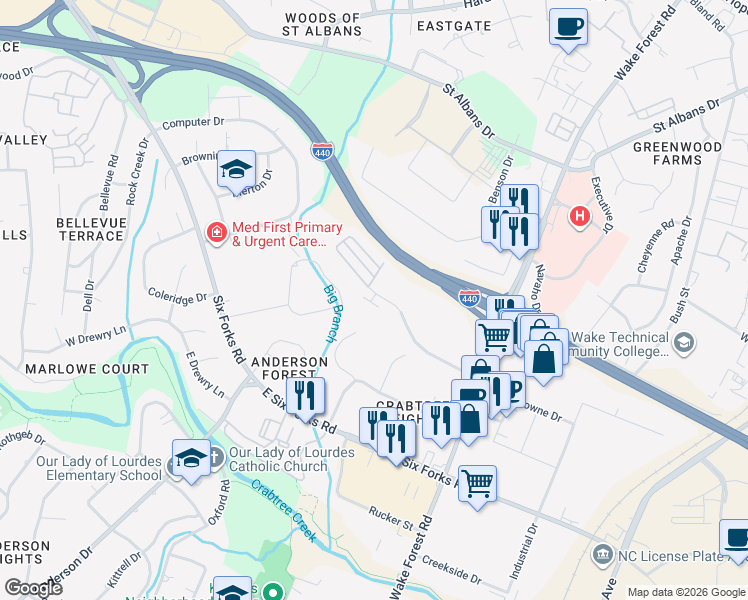 map of restaurants, bars, coffee shops, grocery stores, and more near 910 Wake Towne Drive in Raleigh