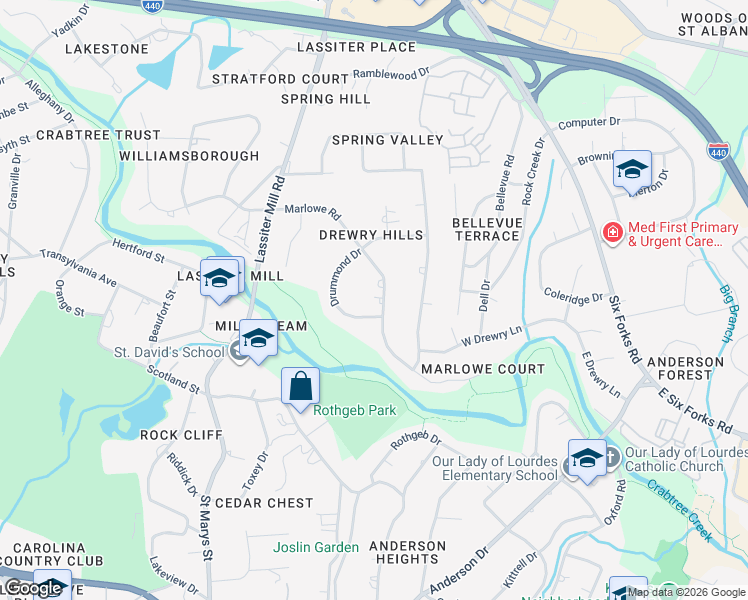map of restaurants, bars, coffee shops, grocery stores, and more near 508 Marlowe Road in Raleigh
