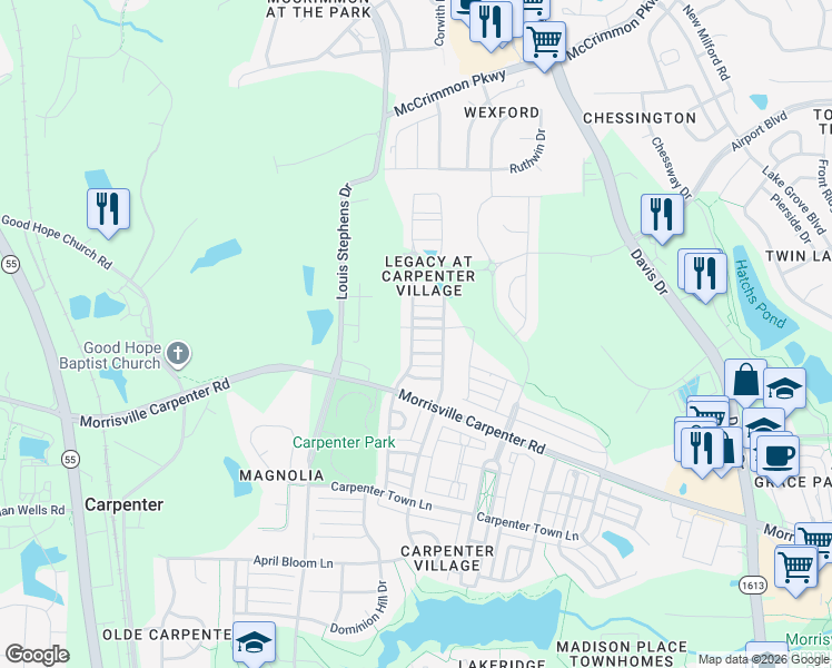 map of restaurants, bars, coffee shops, grocery stores, and more near 80 Hamilton Hedge Place in Cary