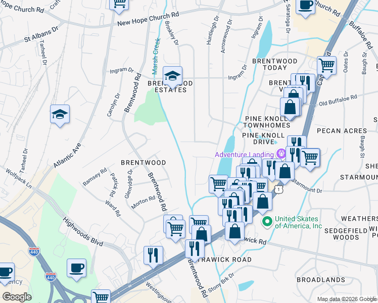 map of restaurants, bars, coffee shops, grocery stores, and more near 3600 Woodlea Drive in Raleigh