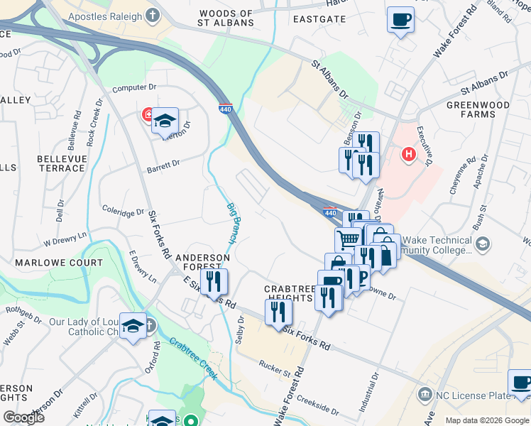 map of restaurants, bars, coffee shops, grocery stores, and more near 912 Wake Towne Drive in Raleigh