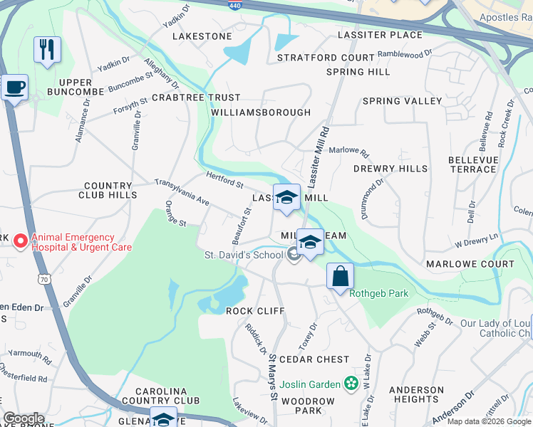 map of restaurants, bars, coffee shops, grocery stores, and more near 3213 Northampton Street in Raleigh
