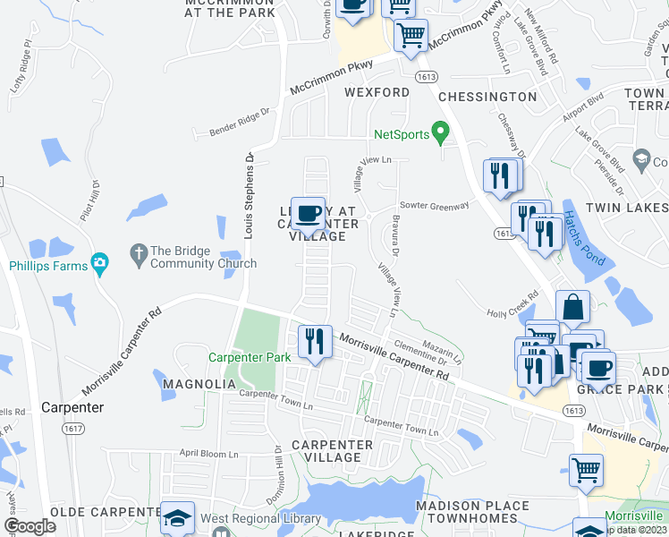 map of restaurants, bars, coffee shops, grocery stores, and more near 131 Presidents Walk Lane in Cary