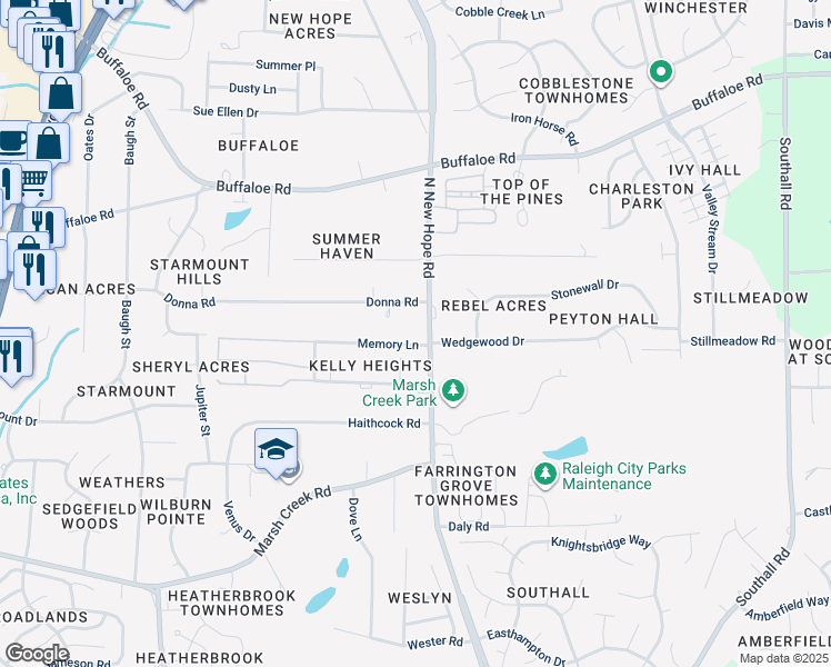 map of restaurants, bars, coffee shops, grocery stores, and more near 3301 North New Hope Road in Raleigh