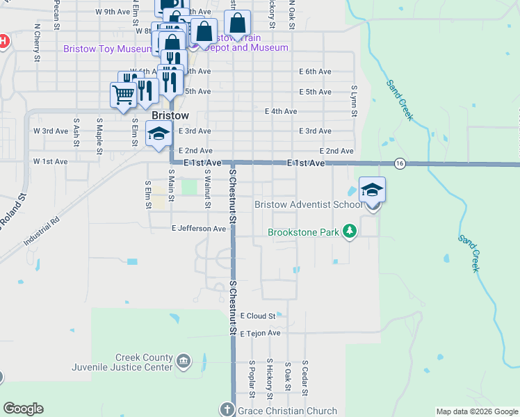 map of restaurants, bars, coffee shops, grocery stores, and more near 817 S Poplar St in Bristow