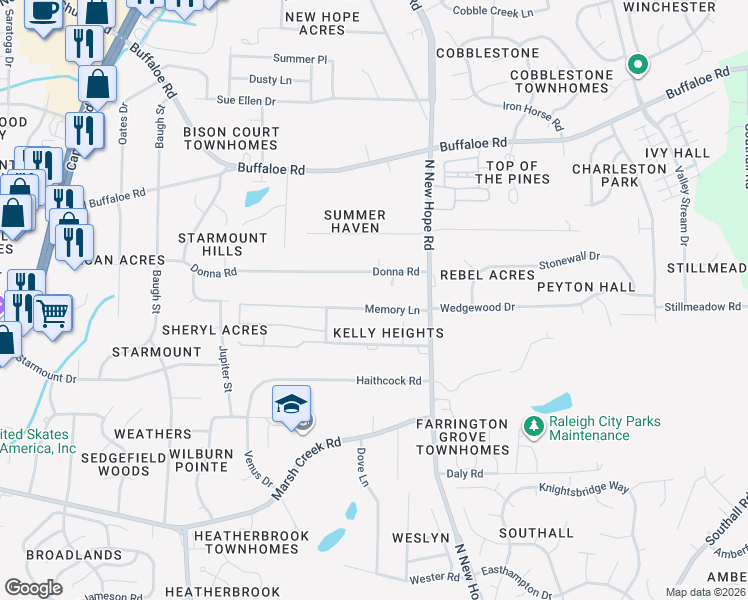 map of restaurants, bars, coffee shops, grocery stores, and more near 3921 Memory Ln in Raleigh