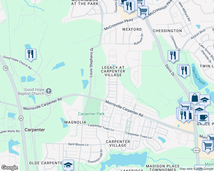 map of restaurants, bars, coffee shops, grocery stores, and more near 80 Hamilton Hedge Place in Cary