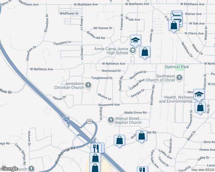 map of restaurants, bars, coffee shops, grocery stores, and more near 1608 Dupwe Drive in Jonesboro