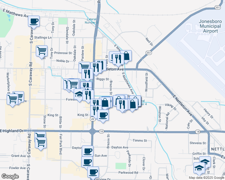 map of restaurants, bars, coffee shops, grocery stores, and more near 3201 Kingsbury Street in Jonesboro