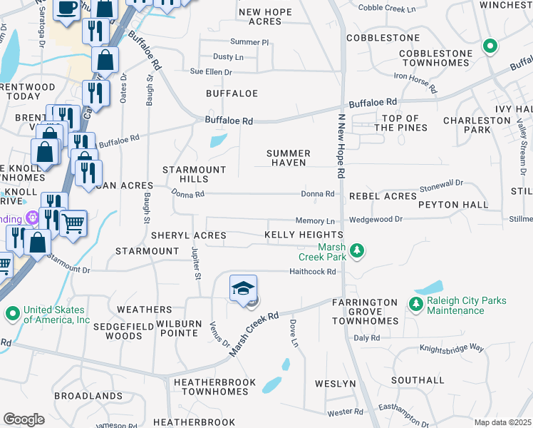 map of restaurants, bars, coffee shops, grocery stores, and more near 3817 Memory Lane in Raleigh