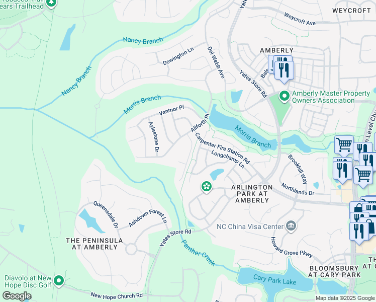 map of restaurants, bars, coffee shops, grocery stores, and more near 822 Endhaven Place in Cary
