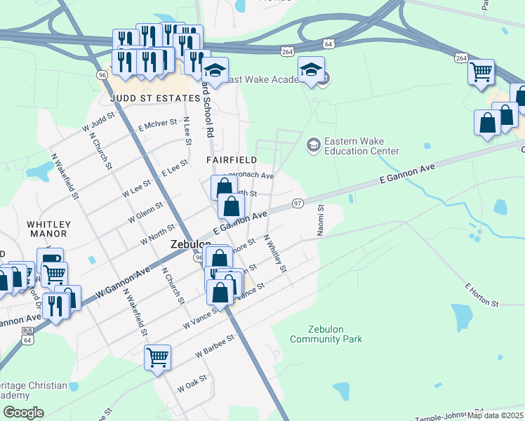 map of restaurants, bars, coffee shops, grocery stores, and more near 305 East Gannon Avenue in Zebulon