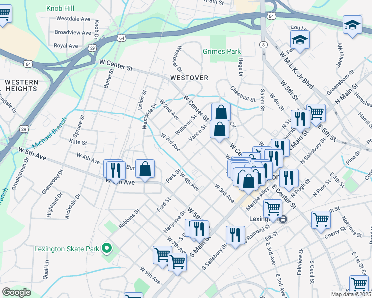 map of restaurants, bars, coffee shops, grocery stores, and more near 230 Vance Street in Lexington