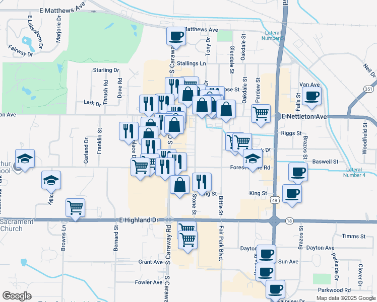 map of restaurants, bars, coffee shops, grocery stores, and more near 1607 Stone Street in Jonesboro