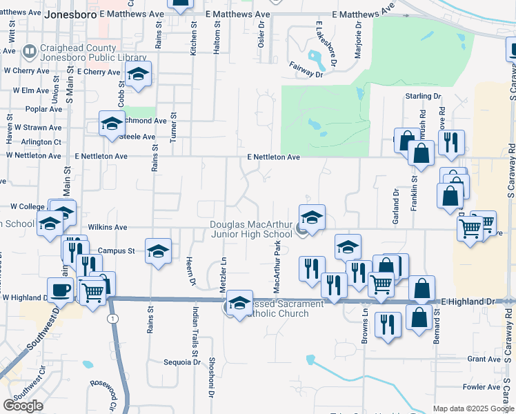 map of restaurants, bars, coffee shops, grocery stores, and more near Honeysuckle Lane in Jonesboro