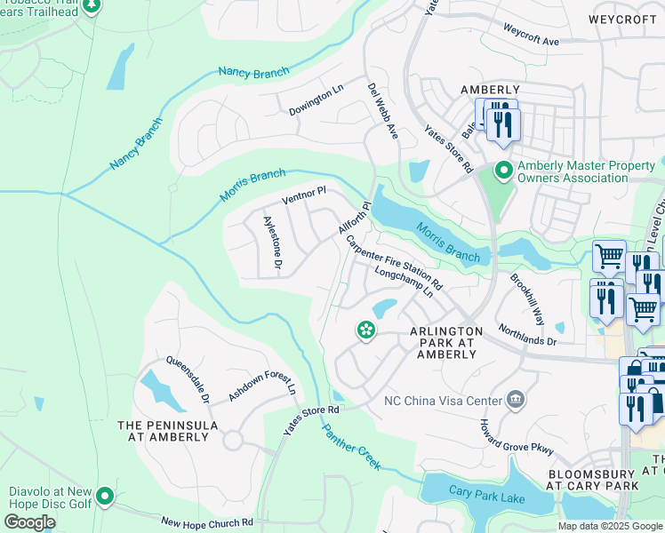 map of restaurants, bars, coffee shops, grocery stores, and more near 822 Endhaven Place in Cary