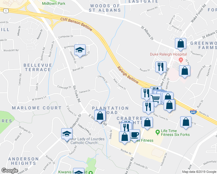map of restaurants, bars, coffee shops, grocery stores, and more near 3348 Cheswick Drive in Raleigh