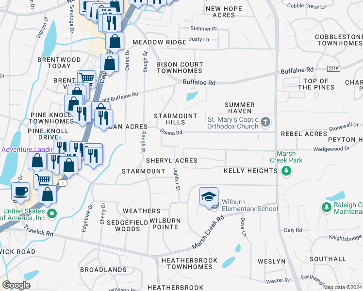 map of restaurants, bars, coffee shops, grocery stores, and more near 3400 Gemini Drive in Raleigh