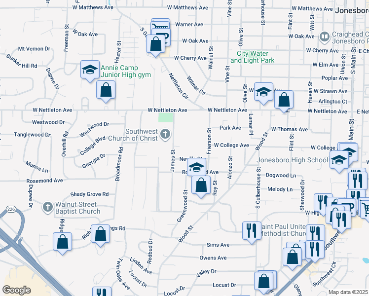 map of restaurants, bars, coffee shops, grocery stores, and more near 1100 James Cove in Jonesboro