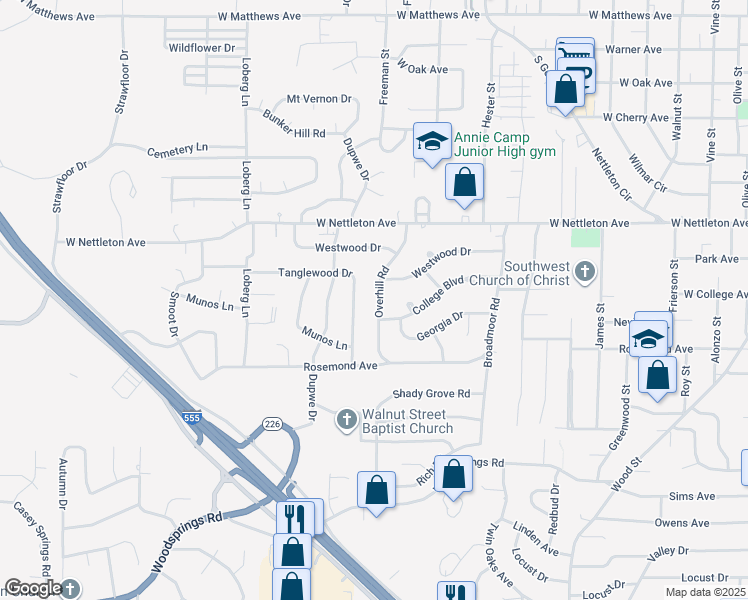 map of restaurants, bars, coffee shops, grocery stores, and more near 1513 Overhill Road in Jonesboro