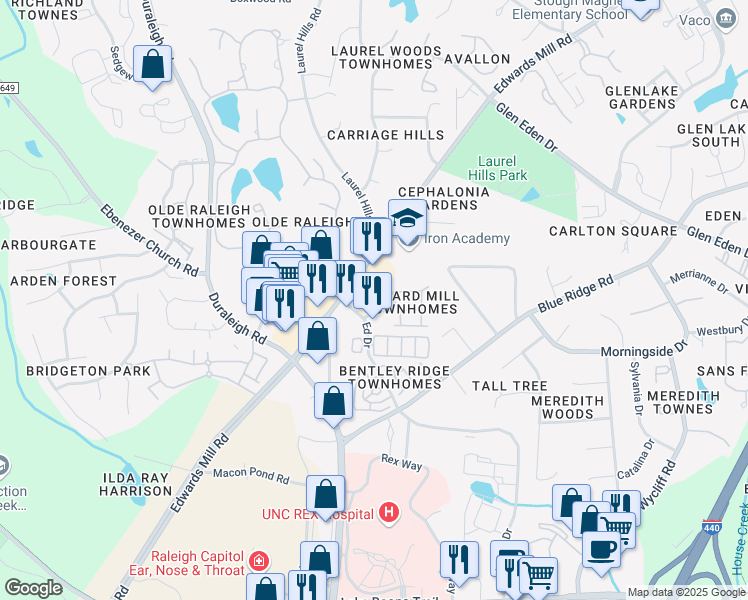 map of restaurants, bars, coffee shops, grocery stores, and more near 4128 Earl Grey Court in Raleigh